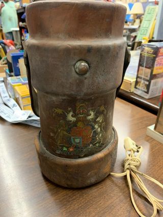 Antique Vintage Leather Fire Bucket Lamp With Royal Coat Of Arms England