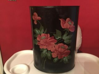 Vintage Tole Painted Waste Basket Trash Can Black W/ Flowers Red Pink Roses