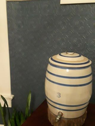 Antique Stoneware Pottery Blue Striped Crock With Spout