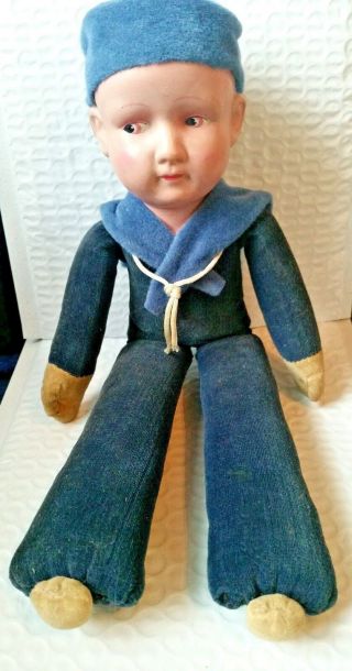 Vintage Navy Sailor Boy Doll 1940s Celluloid Head Cloth 13 " Tall Made In Japan
