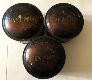 3 Antique Vintage Primitive Metal Tin Spice Canisters - Cinnamon,  Mace,  Nutmeg