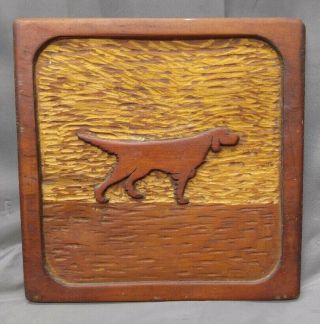 Antique Old Vintage Hand Carved Folk Art Wooden Hunting Dog Plaque Wood Carving 2