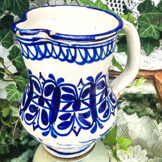 Antique Hand Crafted & Painted Blue & White Pottery Pitcher Artist Signed Usa 8”