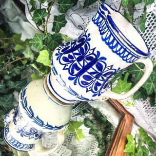 Antique Hand Crafted & Painted Blue & White Pottery Pitcher Artist Signed USA 8” 2