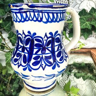 Antique Hand Crafted & Painted Blue & White Pottery Pitcher Artist Signed USA 8” 3