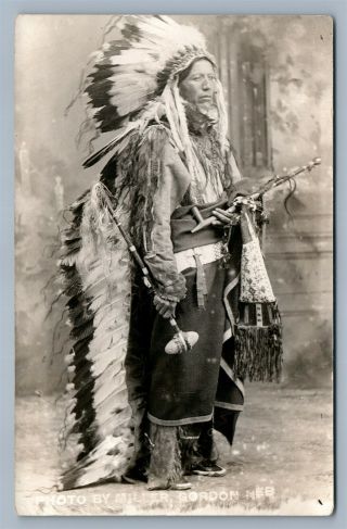 American Indian Chief W/ Peace Pipe Antique Real Photo Postcard Rppc Gordon Ne
