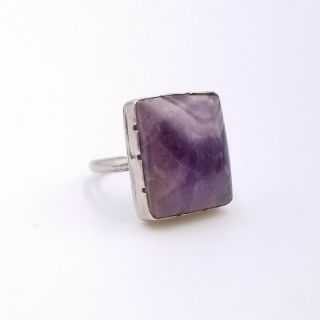 Large Vintage Solid Sterling Silver 925 Purple Amethyst Stone Square Shaped Ring