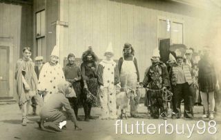 Mm184 Rare Vtg Photo Clown Rodeo Circus Parade Halloween,  Mask,  Odd Early 1900 