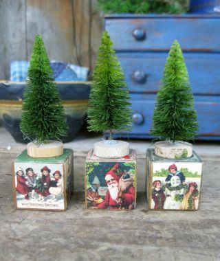 3 Small Antique Wood Toy Blocks W Christmas Postcards & Trees