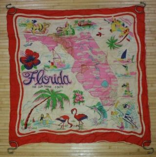 Florida Map Souvenir 30 " Scarf Antique Vtg 40s 50s Hialeah Flamingos Pensacola