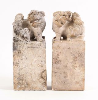 A Large And Heavy Chinese Carved Soapstone Lions.