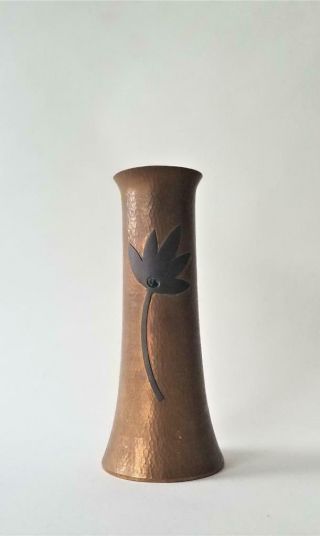 Vintage Hammered Copper Vase Arts With Bronze Flower Arts And Crafts Signed