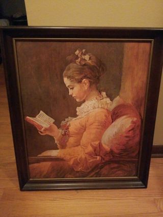 Vintage Large Framed Print Painting Girl Reading Book Wood Frame Fragonard 1776