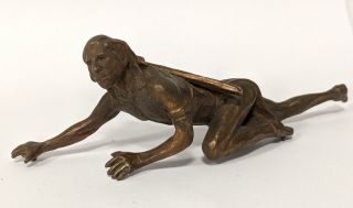 Antique Miniature Bronze Sculpture Of A Crawling American Indian Signed