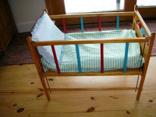 Vintage Large Wood Doll Bed Crib With Bunny Decal
