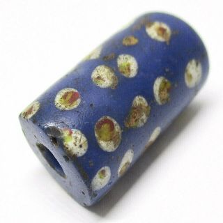 Antique Blue Venetian Tubular Glass Trade Bead With Red/yellow - On - White Eyes