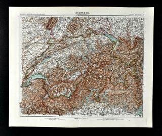 1911 Stieler Map - Switzerland Geneva Zurich Lucerne Alps Mount Blanc Boden See