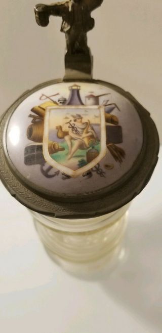 Rare Antique German Glass Beer Stein 1000 B.  Diez Pewter Painted Ceramic Lid