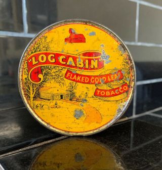 Log Cabin Flake Tobacco Vintage Round Tin Rare