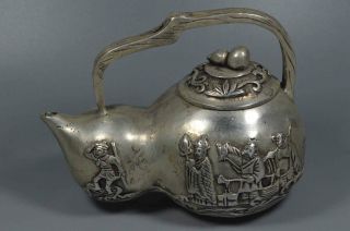 Collectable Handwork Old Souvenir Miao Silver Carve Buddha Temple Lucky Tea Pots
