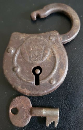 Antique Vintage F Keystone Padlock Rare Lock W/ Key