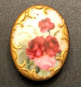 Antique Victorian Hand Painted Porcelain Stud Button,  Roses,  Floral,  1 3/16 ",  Oval