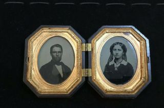 Antique 1850’s Gutta Percha Photo Case With Double Ambrotype Man & Wife Photos