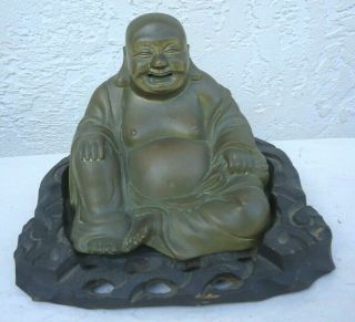 Antique Chinese Brass Bronze Color Buddha Figure Statue With Wood Stand