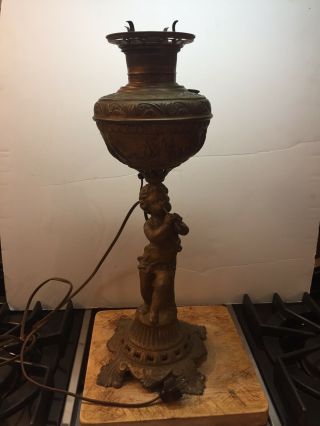 Vintage Brass With Cherub Kerosene Oil Lamp Electrified