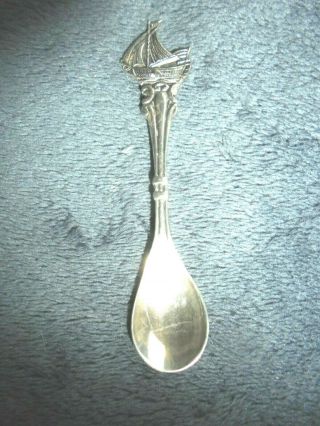 Small Antique Solid Silver Salt / Mustard Spoon - Stamped Sailing Ship Yacht To
