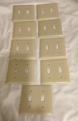 9 Vintage Ivory Ribbed Bakelite Double Toggle Wall Switch Plates