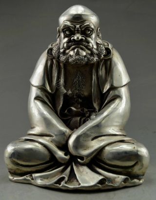Exquisite Handwork Old Tibet Silver Copper Carved Bodhidharma Buddha Statue