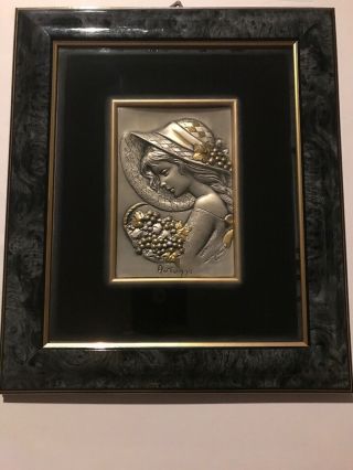 Vintage High Relief.  925 Sterling Silver Art Signed Autumn Fall Framed