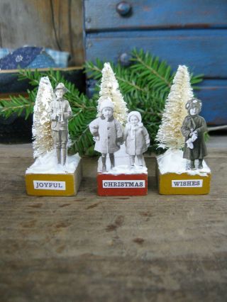 3 Small Antique Wood Toy Blocks W Paper Dolls & Christmas Trees