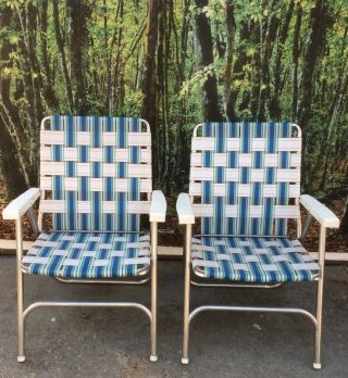 Rare (2) Vintage Aluminum High Back Chairs Folding Lawn Patio Webbing
