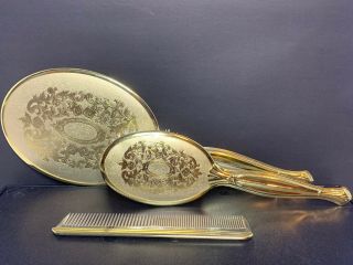 Antique Gold Tone Hand Mirror And Brush Set