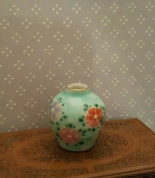 Dollhouse Miniature Green Hand Painted Japanese Porcelain Vase,  Signed