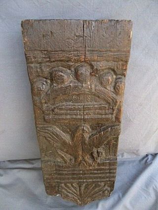 Large Rare 18th Century Oak Primitive Carved Panel Carved Eagle And Crown