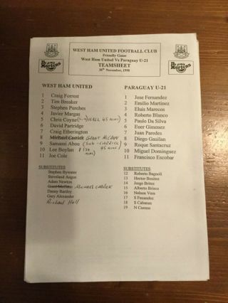 West Ham United V Paraguay U - 21 Rare Friendly 30/11/1998