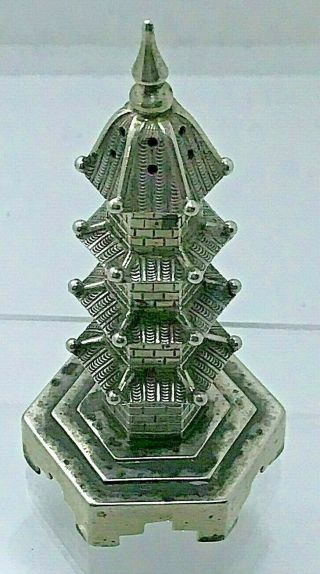 Antique Chinese Wang Hing Silver Pagoda Salt Or Pepper Shaker 3  Tall