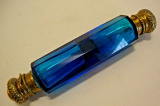 Antique Blue Glass Double Ended Scent Bottle The Gilt Metal Ends