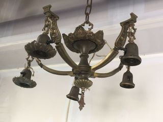 Vintage Brass Hanging Light Fixture Chandelier Bells Paddle Switch Art Noveau