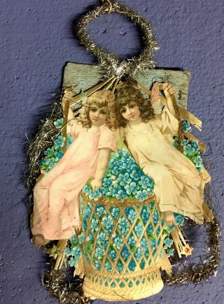 Antique German Lg Victorian Embossed Die Cut Scrap & Tinsel Christmas Ornament