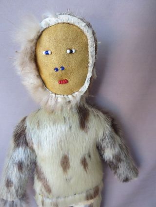 Antique Vintage 12 " Inuit Fur Eskimo Doll Leather & Bead Face