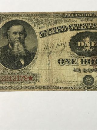 1890 $1 Stanton Treasury Note RARE Large Brown Seal Small Tears At Center. 3