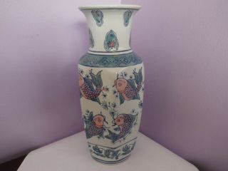 Fabulous Vintage Chinese Porcelain Hexagonal Fish Design Vase 25.  5 Cms Tall