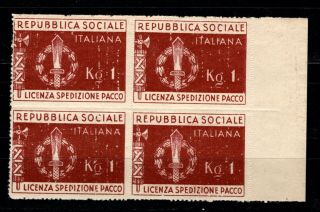 Italy Italian Rsi 1944 Postal Parcel Stamp Mnh Border Block Of Four Rare $$$$