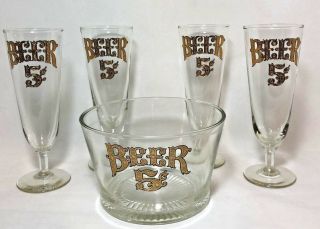 Rare Set Of 4 Vintage Culver 22k Gold 5 Cent Pilsner Beer Glasses & Pretzel Bowl
