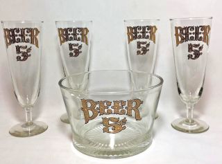 Rare Set of 4 Vintage Culver 22k Gold 5 Cent Pilsner Beer Glasses & Pretzel Bowl 2