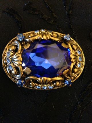 Rare Vintage Large Blue Stone Rhinestone Brass Brooch Pin Signed Germany West